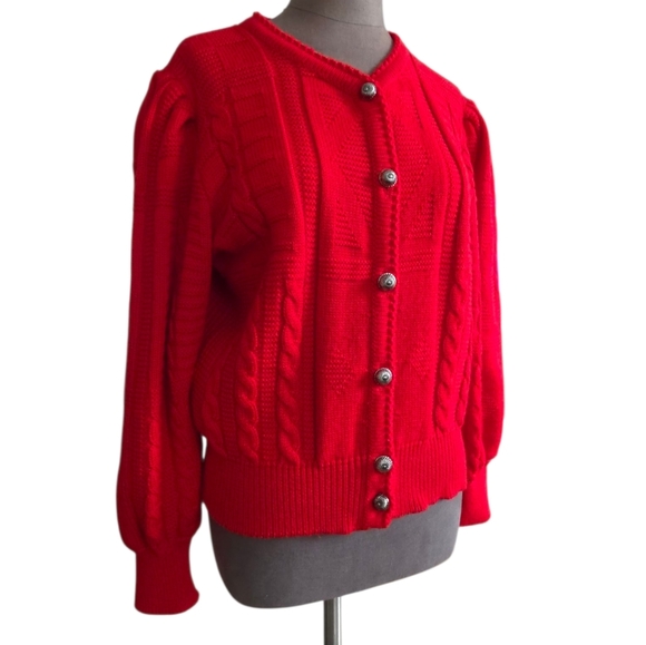 Vintage Red Austrian Wool Puff Sleeve Cardigan Size Large Salzburger Dirndl-look - Picture 11 of 16